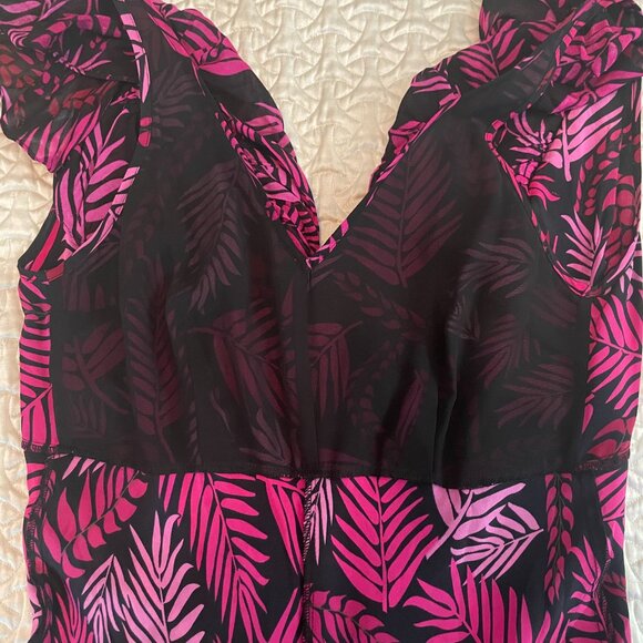 RIXO Antoinette Pink Palm Print Frilly Sleeve 100% Silk Midi Dress (Size S/P) - Picture 13 of 16